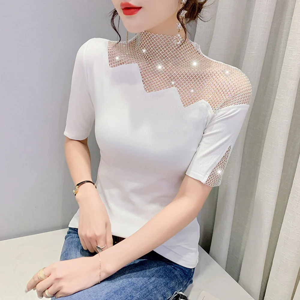 

Korean Women's T-shirts 2022 Summer New Hollowe Hot Drill T-Shirt Womans Half Sleeve Slim Top Cotton T Shirt Fashion Femme Shirt