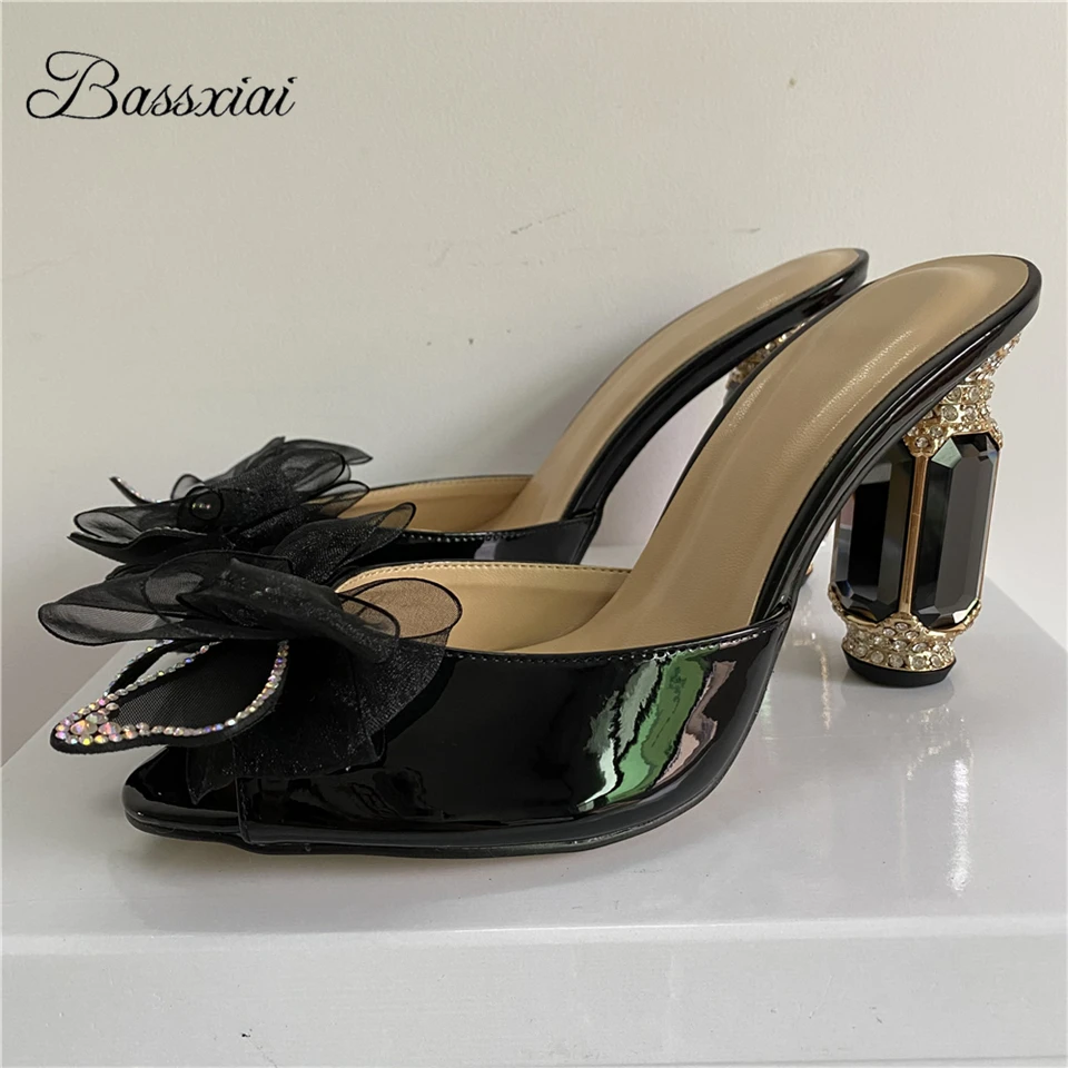 

Diamond Lace Mesh Air Butterfly-Knot Sandals Women Jeweled Rhinestone High Heel Patent Leather Slingbacks Runway Mules Lady