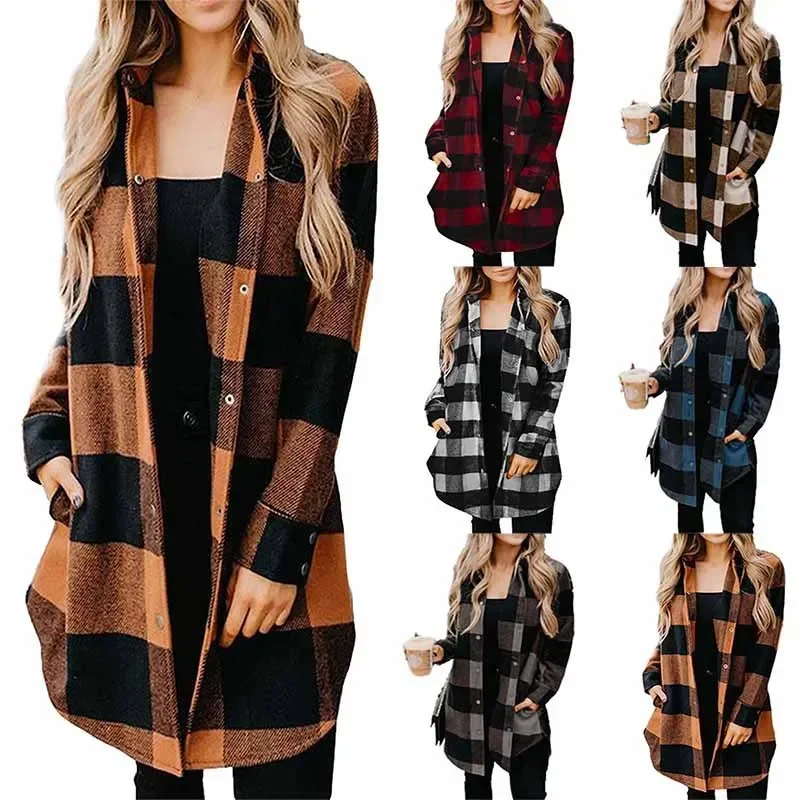 

Black Plaid Shirts Tops Women's Long Sleeve V-Neck Casual Blouses Fall Classic-Fit Button-Up Oversize Shirt S-3XL Vintage Coat