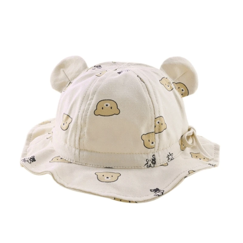 

N80C Infant Sun Hat Bear Print Baby Bucket Hat Soft Wide Brimmed Baby Hat Floppy Cap Spring Fisherman Hats for Toddlers 0-2Y