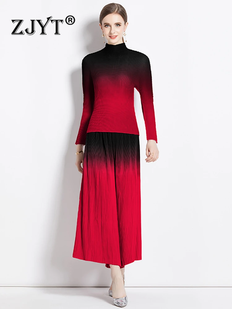 

ZJYT Autumn Gradient Pleated Pant Top Sets 2 Piece Womens Outfit Elegant Party Conjuntos De Mujer Wide Leg Trousers Suit Blue