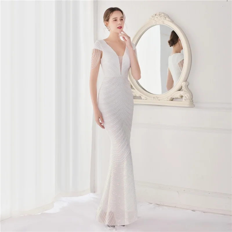 

New Banquet Evening Dress Dress Women2022 New Noble Elegant Socialite Shoulder Tassel Golden Fishtail Long