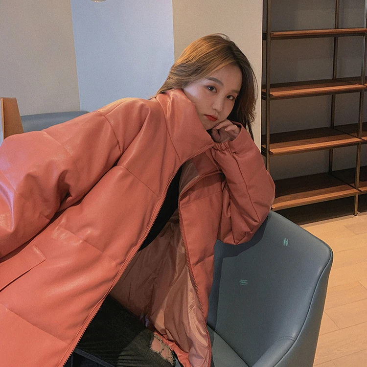 Women's Down Jacket 2022 Winter Red Winter Coat Ladies PU Leather Down Feminino Loose Casual Loose Blak Outwear Woman Jacket