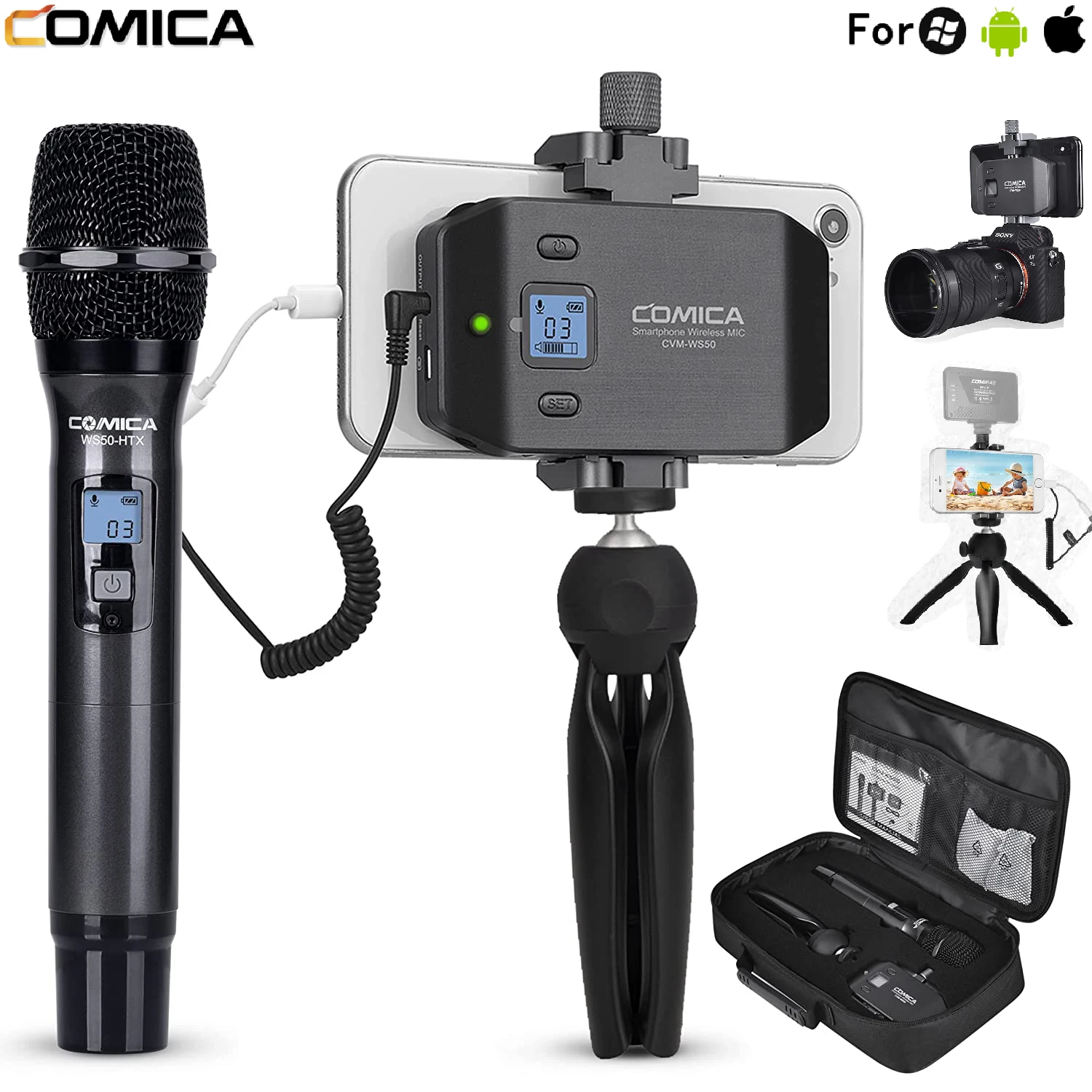 Comica Wireless Microphone With Tripod For iPhone Android Smartphone Dslr Camera, Handheld Microphone For Interview Speech, WS50