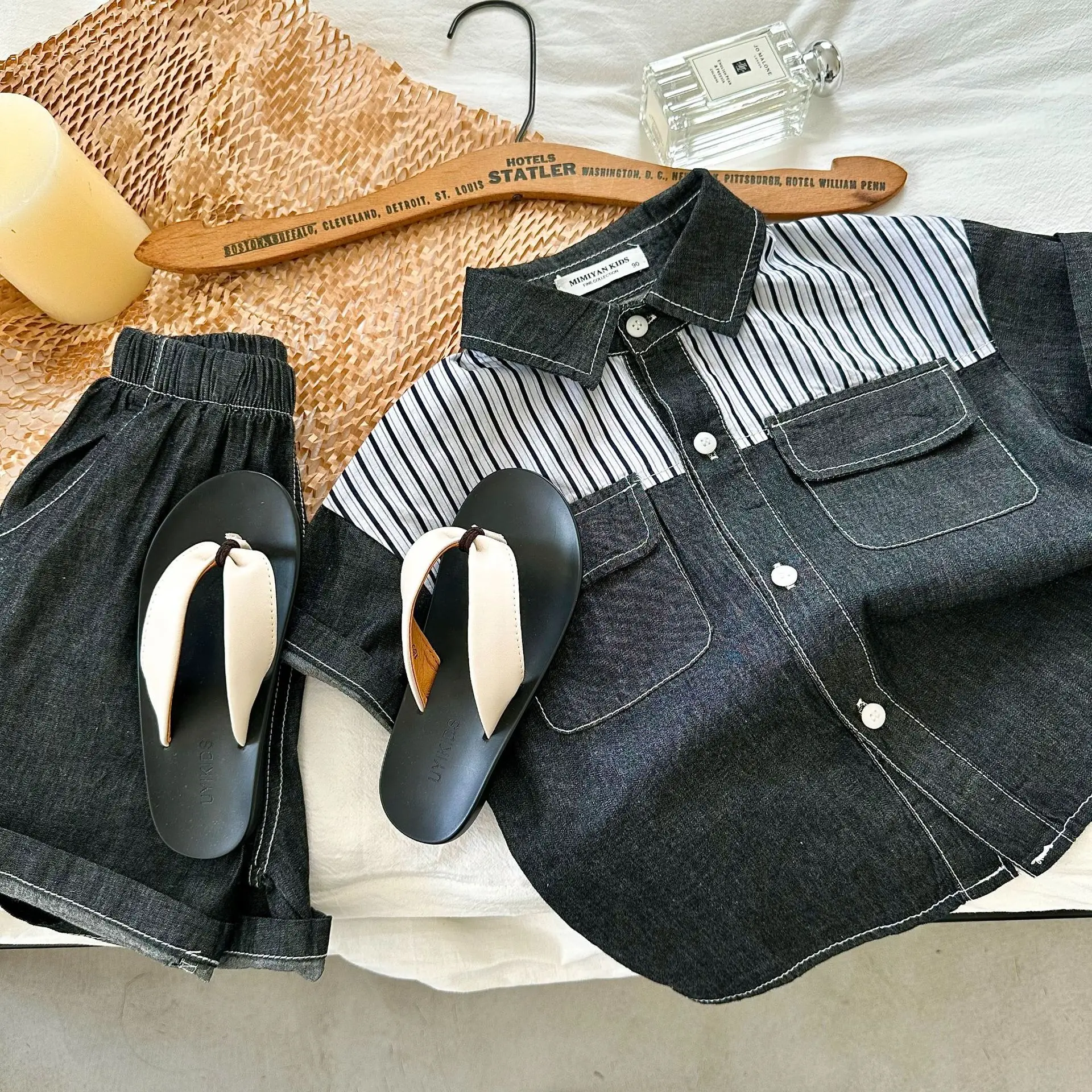 

Рубашка с коротким рукавом и брюки для мальчиков, из джинсовой ткани