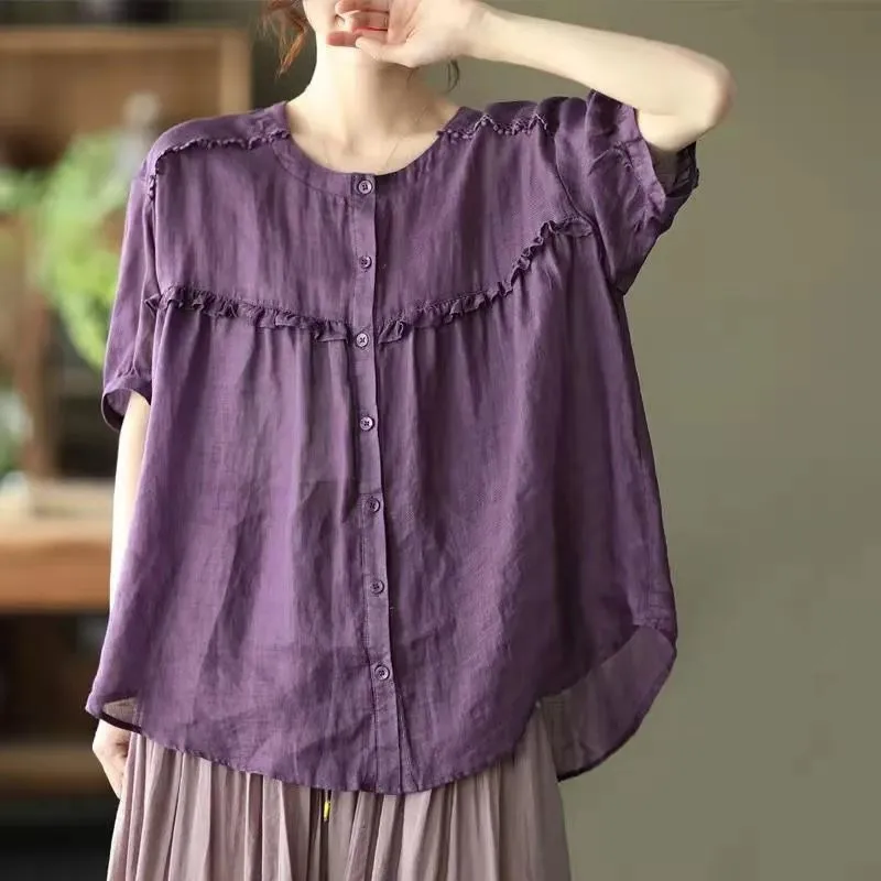 

2021 New Arrival Summer Women Loose O-neck Short Sleeve Blouse All-matched Vintga Cotton Linen Patchwork Casual Shirts W419