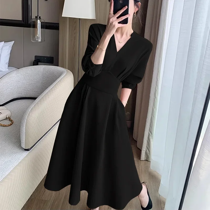 Plus Size QZ035 Women's Clothing V-Neck Dress 2024 Autumn New Style Waist-Fitted Slimming Long Large