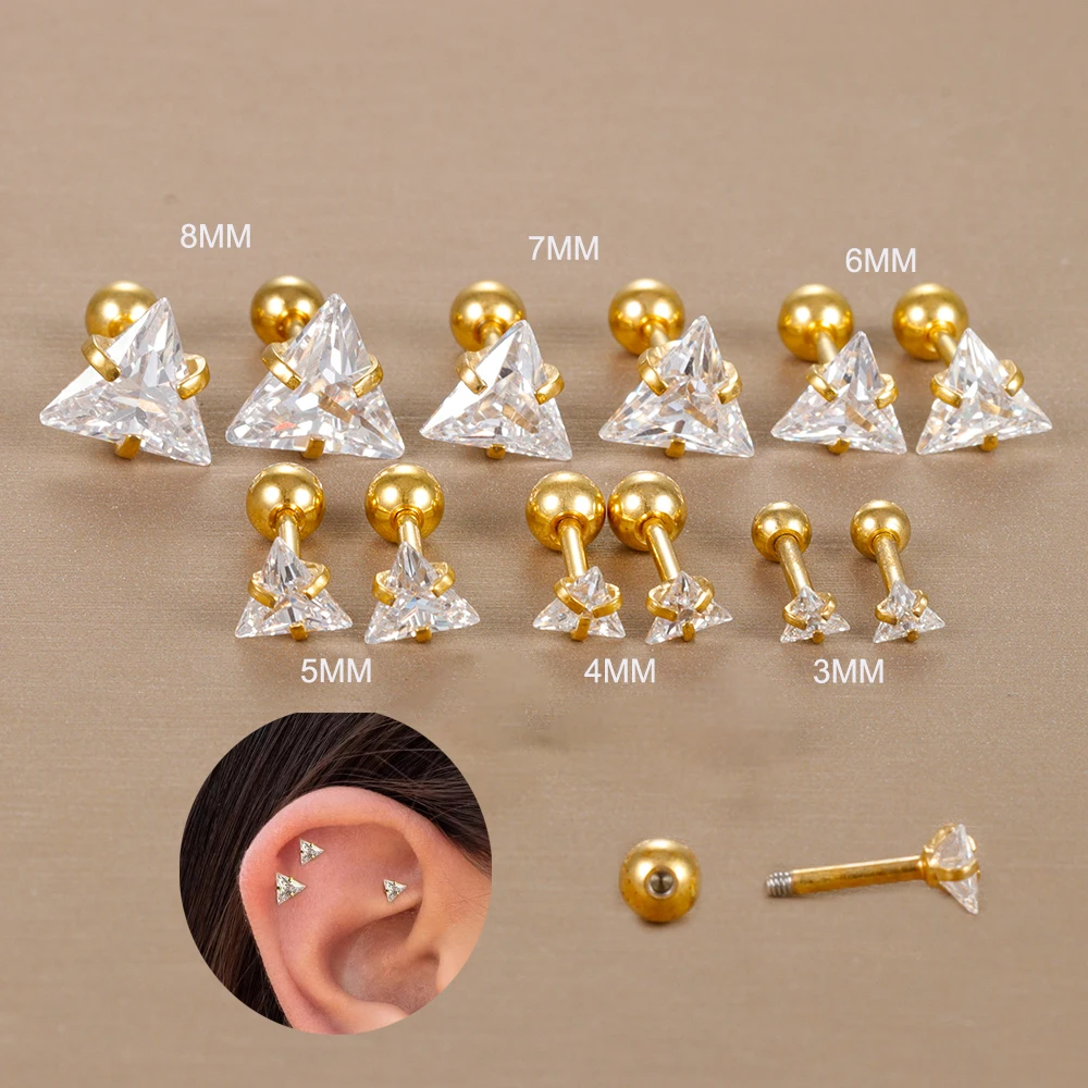 Серьги-гвоздики треугольные из нержавеющей стали с минимальным кристаллом 2 шт.