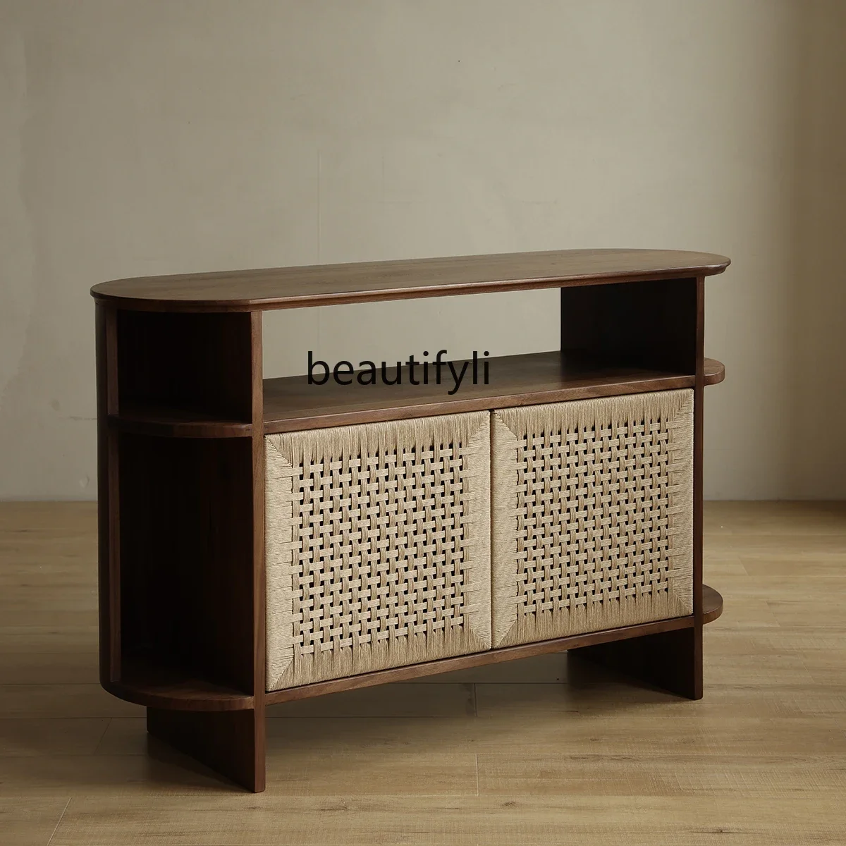 LНовый китайский веревочный плетеный закругленный угловой боковой шкаф в