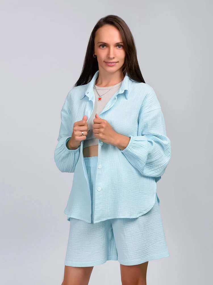 

Пижама Хлопковая женская с рукавами-фонариками, однобортная, свободного покроя