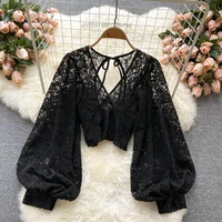 fashion sexy lace v neck blouse female slim fit open back puff long sleeve fairy elegant short tops summer autumn party y2k girl