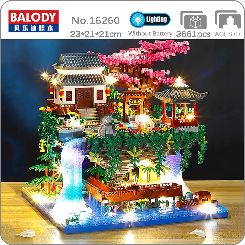 Balody 16260 World Architecture Temple Pavilion Island Waterfall Pool LED Light Mini Diamond Blocks Bricks Building Toy No Box