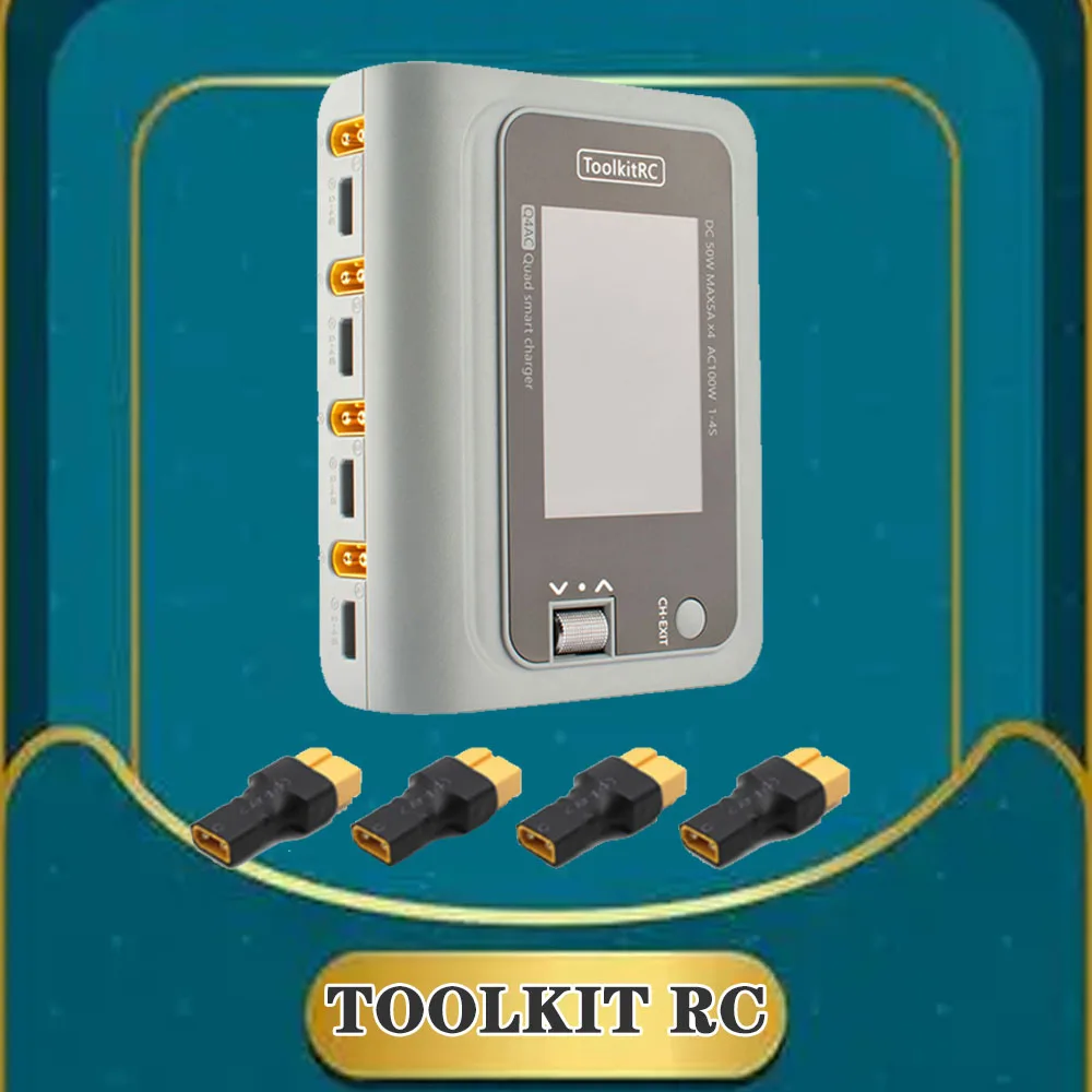 

ToolkitRC Q4AC 4x50w 4 Ports XT60 for Lipo Battery, with AC DC Smart Charger IPS Bright Clear Wide Angle DisplayXT30 Adapters