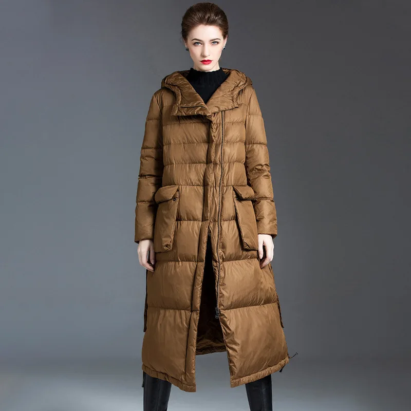 New pure color warm leisure thick loose A-line hooded long down jacket for women in 2022 autumn and winter