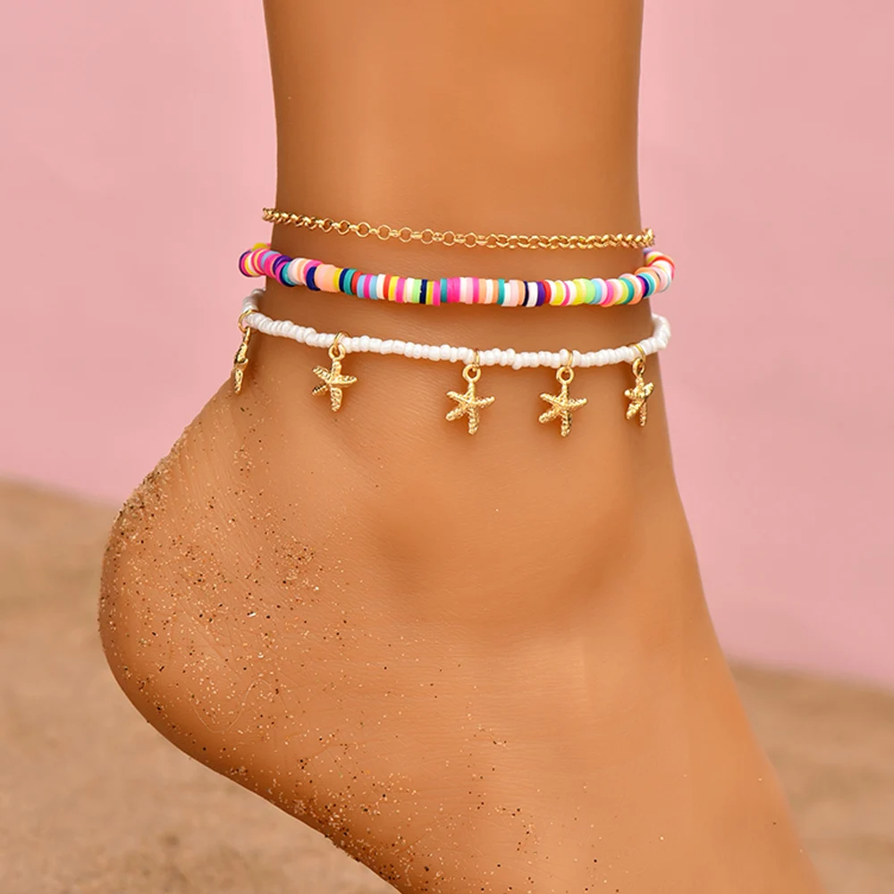

2023 New Trend Boho Handmade Wove Colored Beads Star Anklet for Women Girls Natural Stone Seashell Chain Feet on Anklet Jewelry