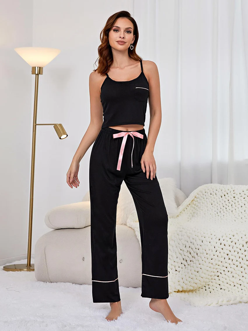 Marthaqiqi Black Women'S Pajamas Sets Sexy Spaghetti Strap Sleepwear With Elastic Waist Trousers Summer Home Clothes For Women