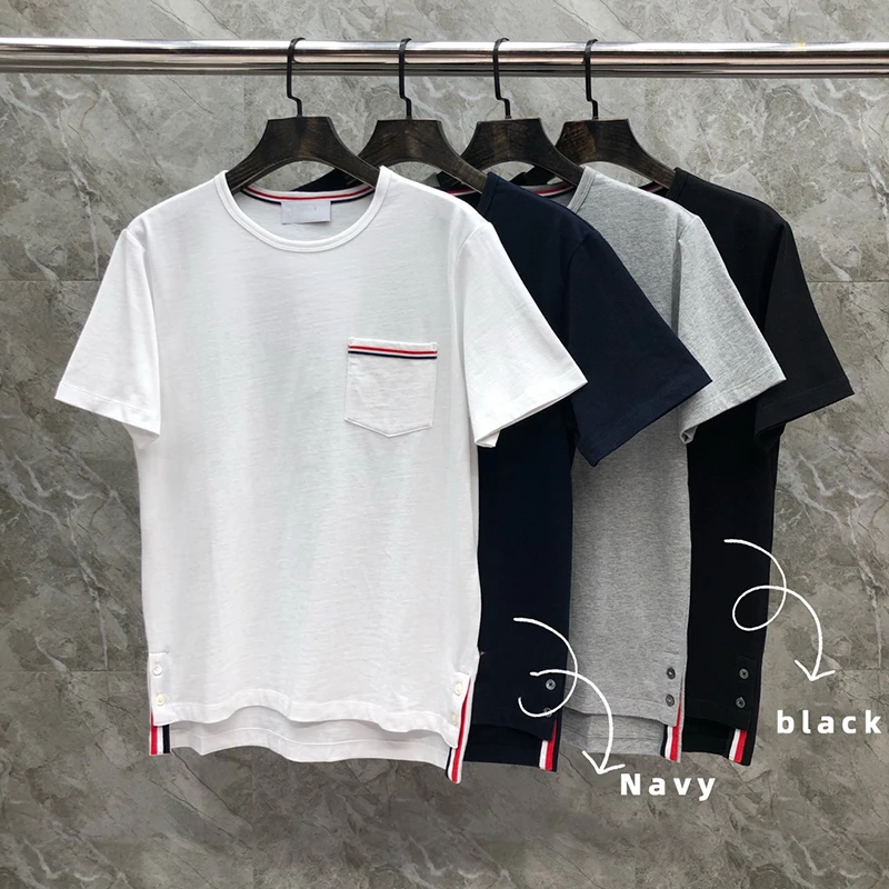 

TB TNOM Men Boutique T-shirt Summer Fashion Slim Tops Pure Cotton Jersey Short Sleeve Striped Pocket Custom Oversized TB t-shirt