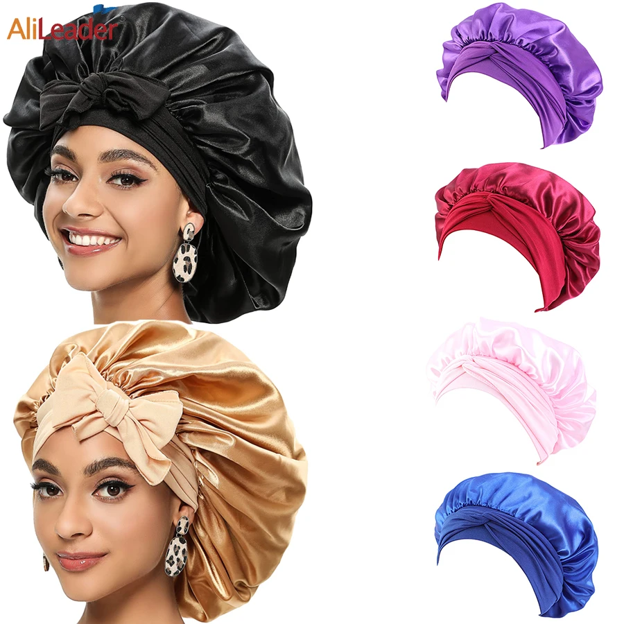 

42CM Large Nightcap Hair Sleep Silk Bonnet With Elastic Band Satin Solid Sleeping Hat For Women Soft Night Sleep Cap