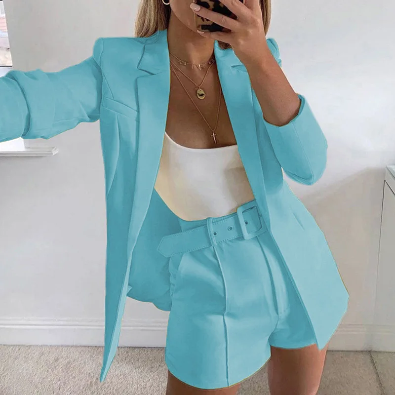 SeigurHry 2 Pieces Outfits for Women Long Sleeve Solid Open Front Blazer Shorts with Belt Casual Elegant Business Suit Sets