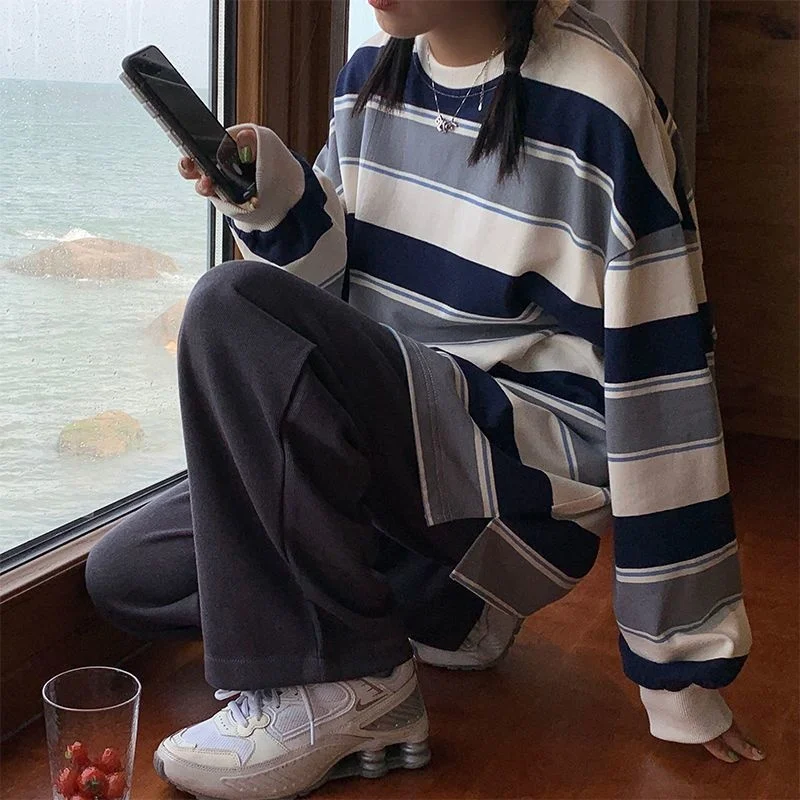 

Spring Autumn Women harajuku Striped Tshirt Long Sleeve O-Neck T-Shirts ulzzang Korean Casual oversized T Shirt Femme black Tops