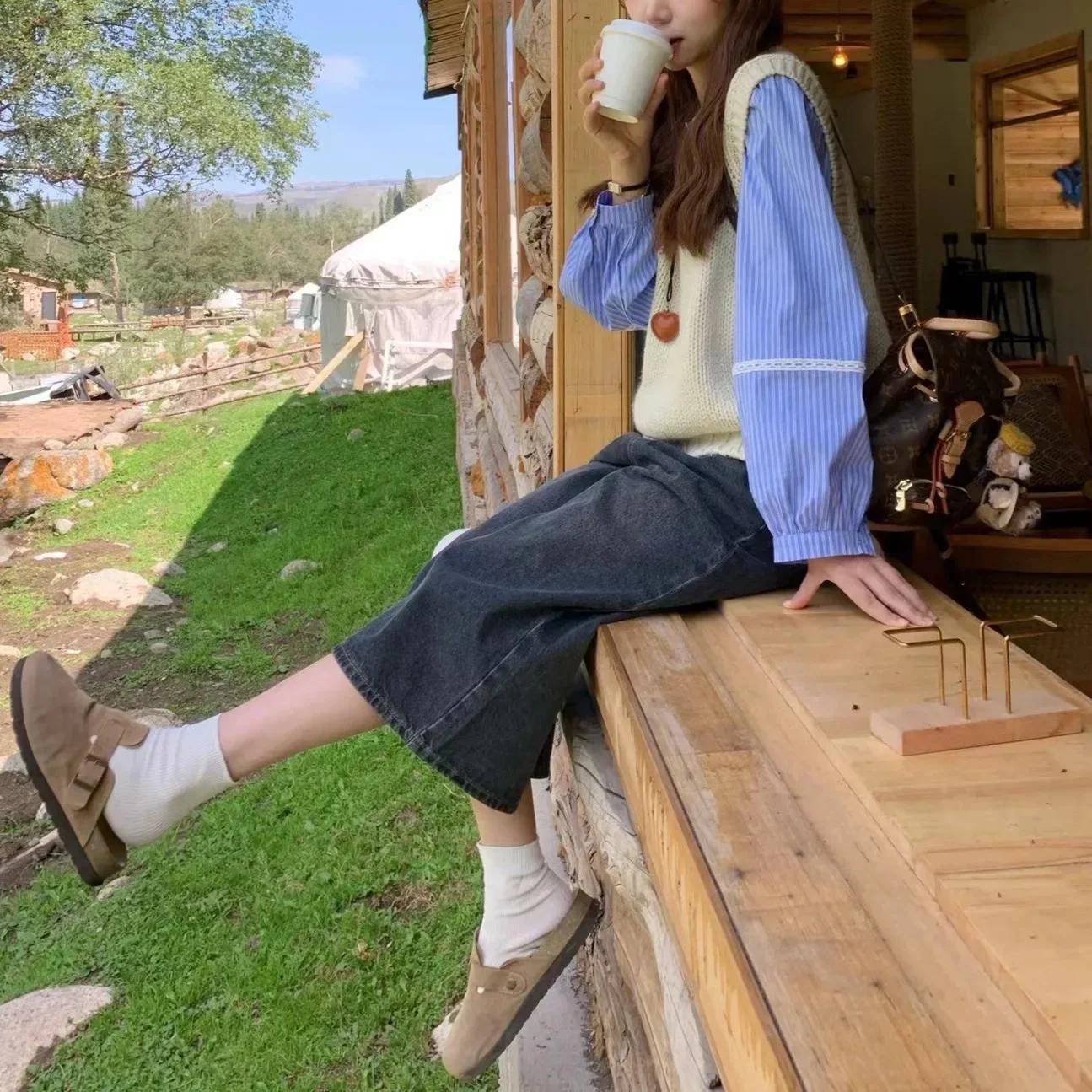 Blue Striped Bubble Sleeve Short Casual Top Women's Korean Style Shirt Wear Female