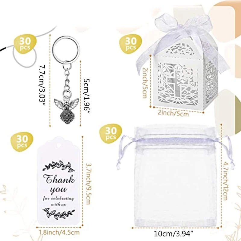 

Q0KE 30Pcs/24Pcs Favor Boxes Angel Keychain with Keyring Chain Yarn Bags Thank You Pendant for Kids Shower Wedding Favor