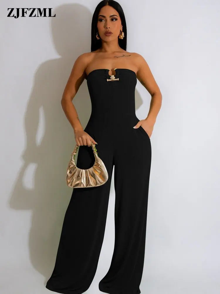 

Женский свободный комбинезон без бретелек, с открытыми плечами и широкими штанинами