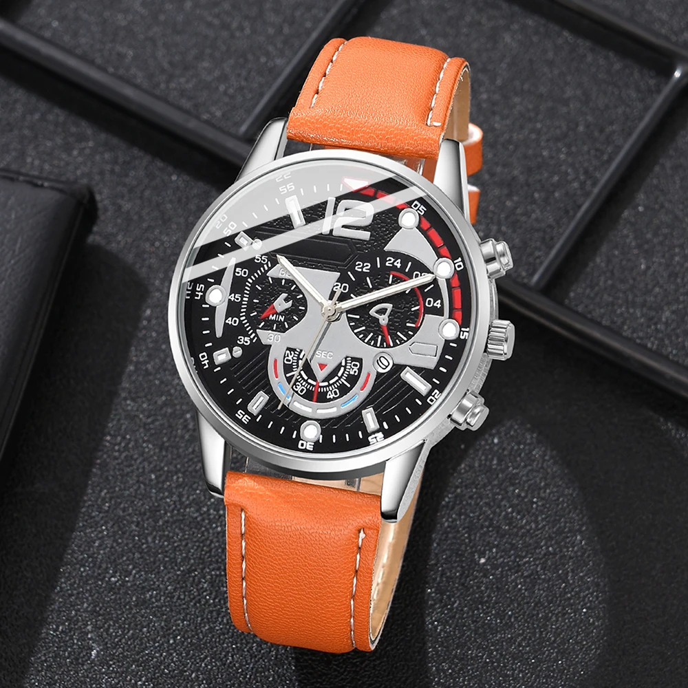 4 шт./набор мужские кварцевые часы с кожаным ремешком