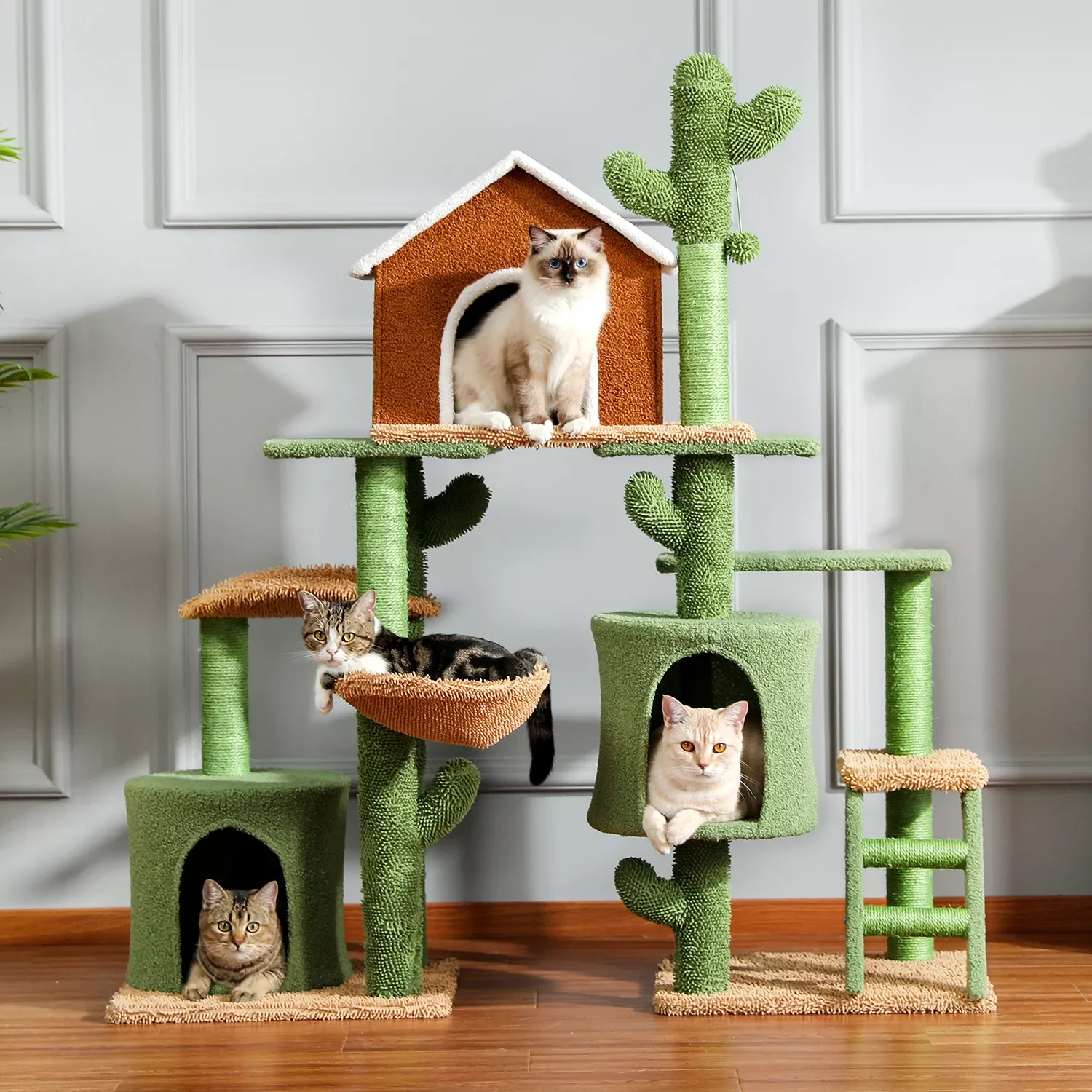 

3 in 1 Mordern Cat Tree Combination Cat's Tower with Scratching Post Cute Cactus House Furniture with Condo Nest Pet Scratch