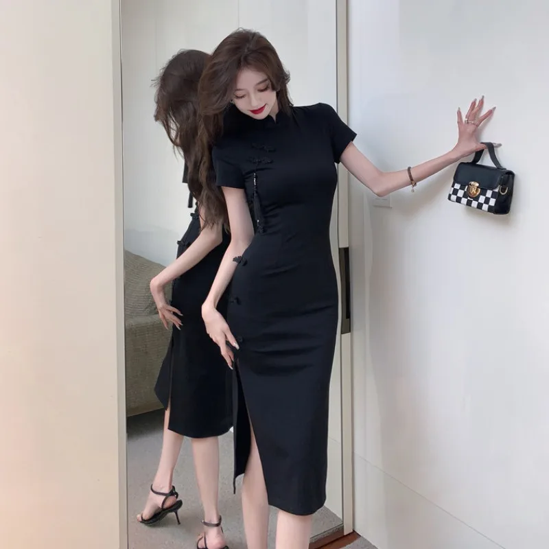 Сексуальное китайское платье черное элегантное Ципао традиционное современное