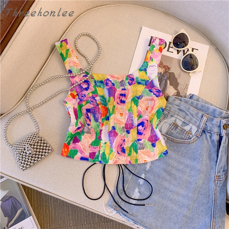 

~Summer square neck small fresh floral suspender vest with short slim fit and waistband, showing a slim and sexy sensation on