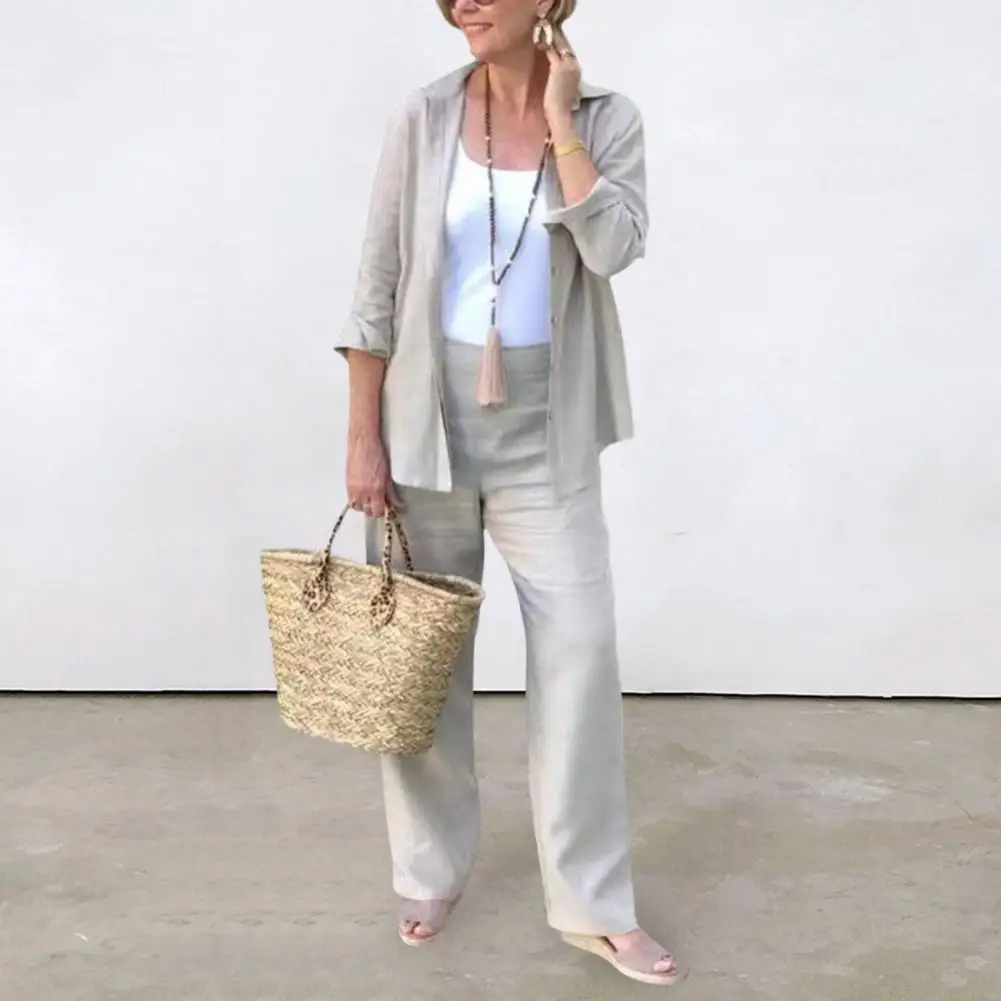 

Женский комплект из 2 предметов, рубашка и брюки со средней посадкой, свободные длинные штаны