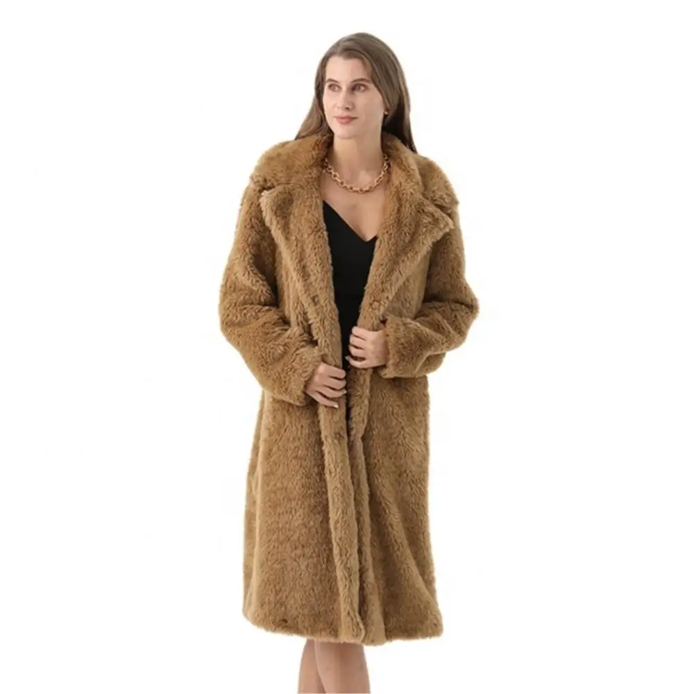 Women Winter Real Fur Long Fluffy Coat Single Breasted Lapel Pure Color Windbreaker Teddy Fleece Fashion Elegant Women Coat