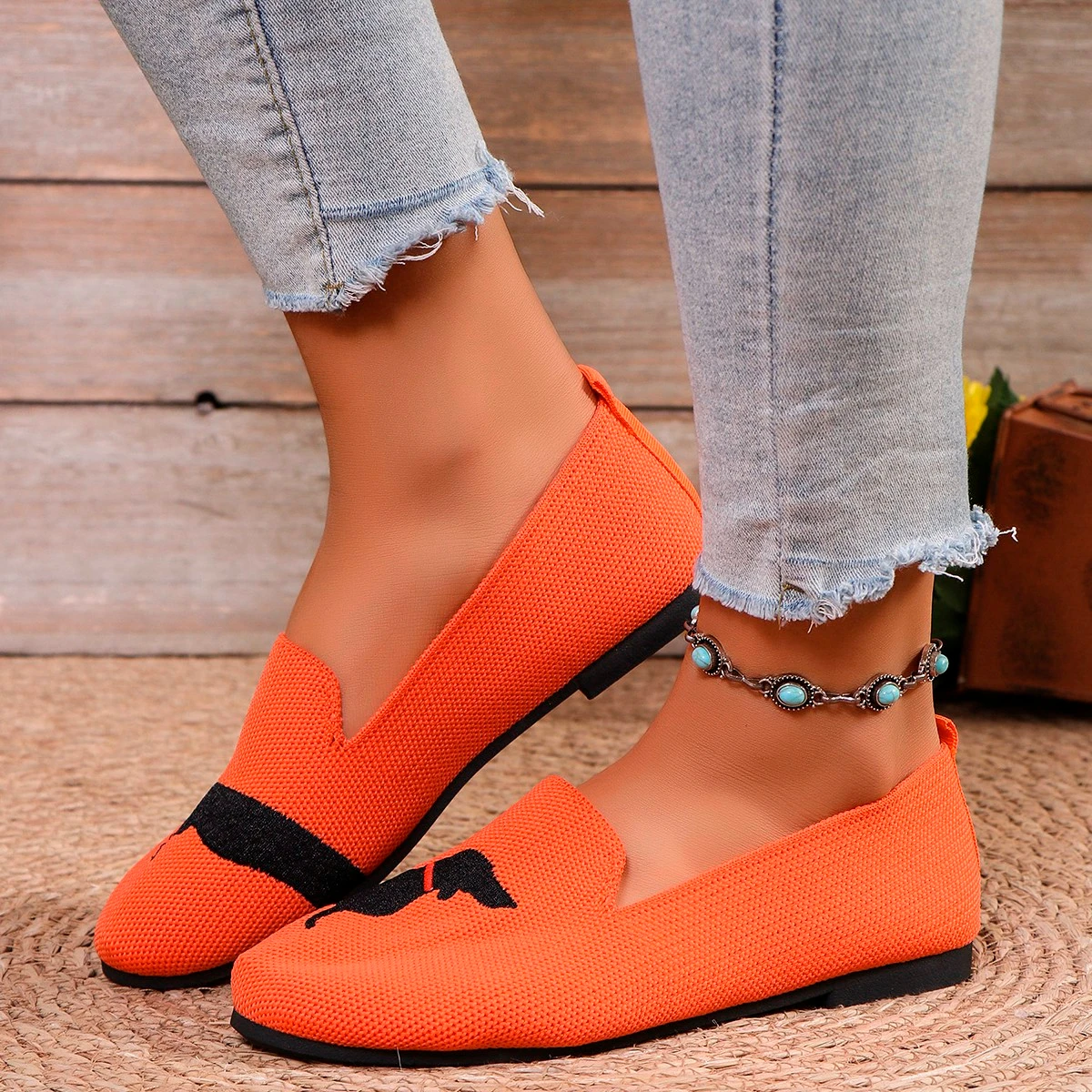 Балетки женские с круглым носком Удобная вязаная обувь на плоской подошве