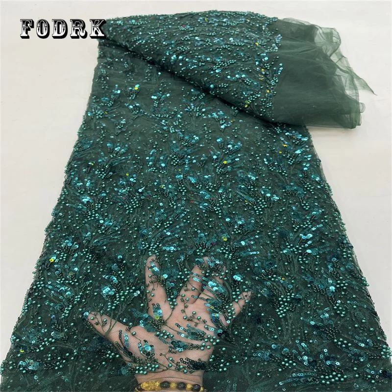 

Handmade Beaded Lace Fabric High Quality African Lace Embroidery seqwuins Net Lace Fabric for Nigerian Wedding Sewing