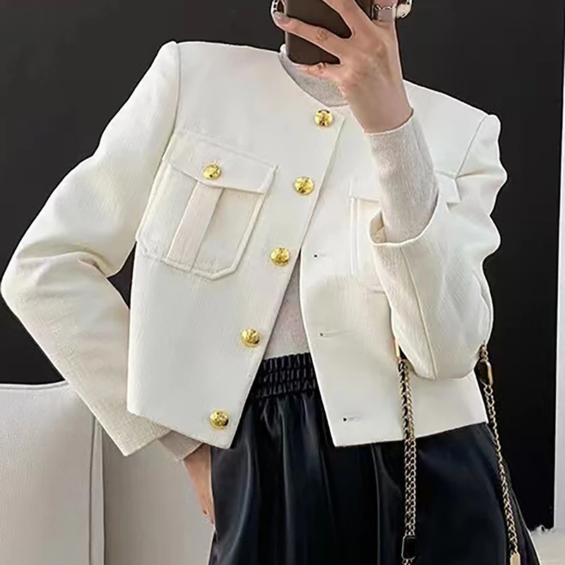 2023 Luxury Jackets Women Spring Summer White Jacket Tweed Jacket Solid Blazer Single Breasted Cropped Top Elegant Korean Lady