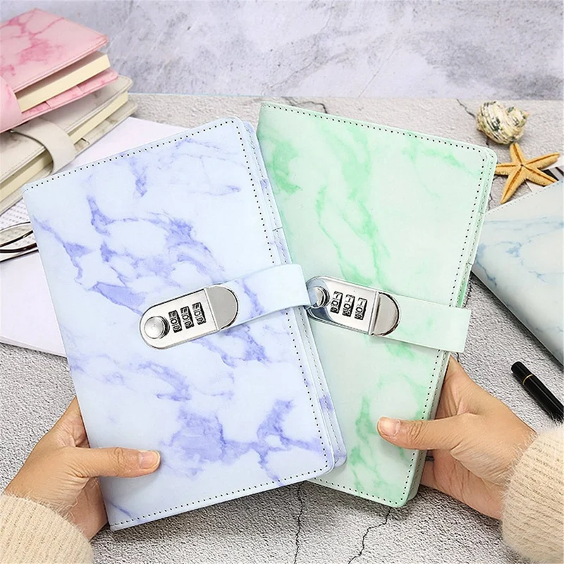 2X A5 Marble Texture Journal Writing Notebooks With Combination Lock Personal Diary Office Notepad Agenda - Blue &amp Gray | Канцтовары