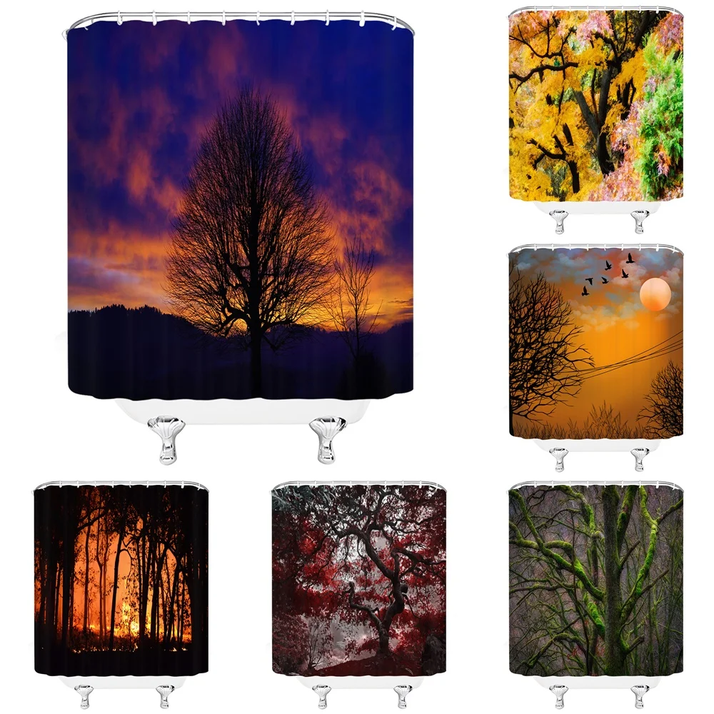 

Sunset Forest Scenery Fabric Shower Curtain Woodland Trees Red Maple Leaves Landscape Autumn Fabric Bath Curtains Bathroom Decor