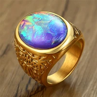 trendy golden man rings colorful opal gemstone oval finger turkey jewelry accessories titanium stainless steel luxury party ring