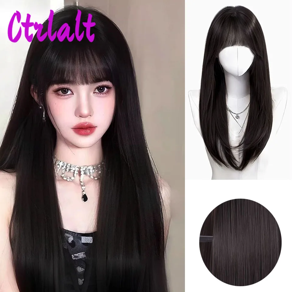 Черные синтетические парики в стиле Лолиты с челкой длинные шелковистые прямые