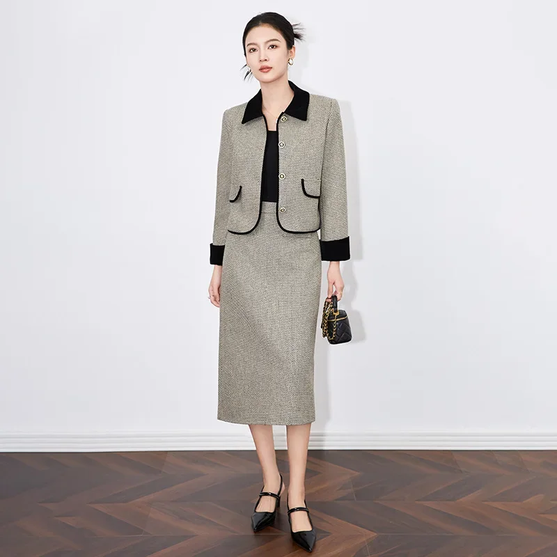 Светский стильный вязаный шерстяной топ с лацканами цветными блоками и