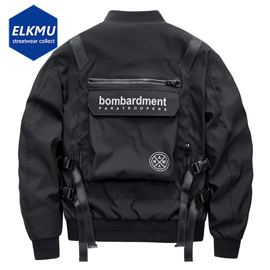 

Men's Techwear Cargo Bomber Jacket Back Pocket Oversized Streetwear Hip Hop Punk Style Black Jackets Military MA1 Coat Harajuku
