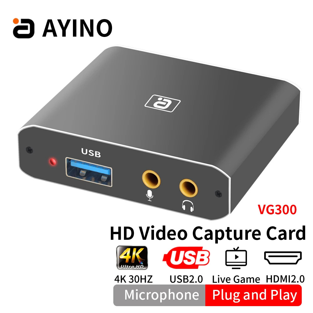 

AYINO VG300 HDMI-Compatible USB Video Capture Card 4K With Audio Mic Record Game to PC Live Streaming Grabber Recorder