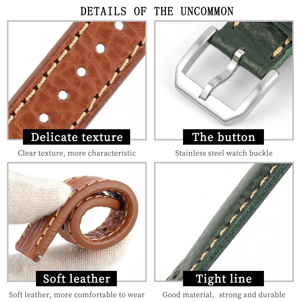 Lychee Pattern Italian Genuine Leather Watch Strap 20mm 22mm Handmade Vintage Watch Bands Brown Green Watch Replacement for Men