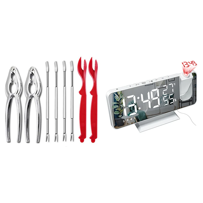 

8Pcs Seafood Tools Set 2 Crab Clip 2 Pick 4 Forks With Projection Alarm Clock With FM Radio, Temperature Monitor