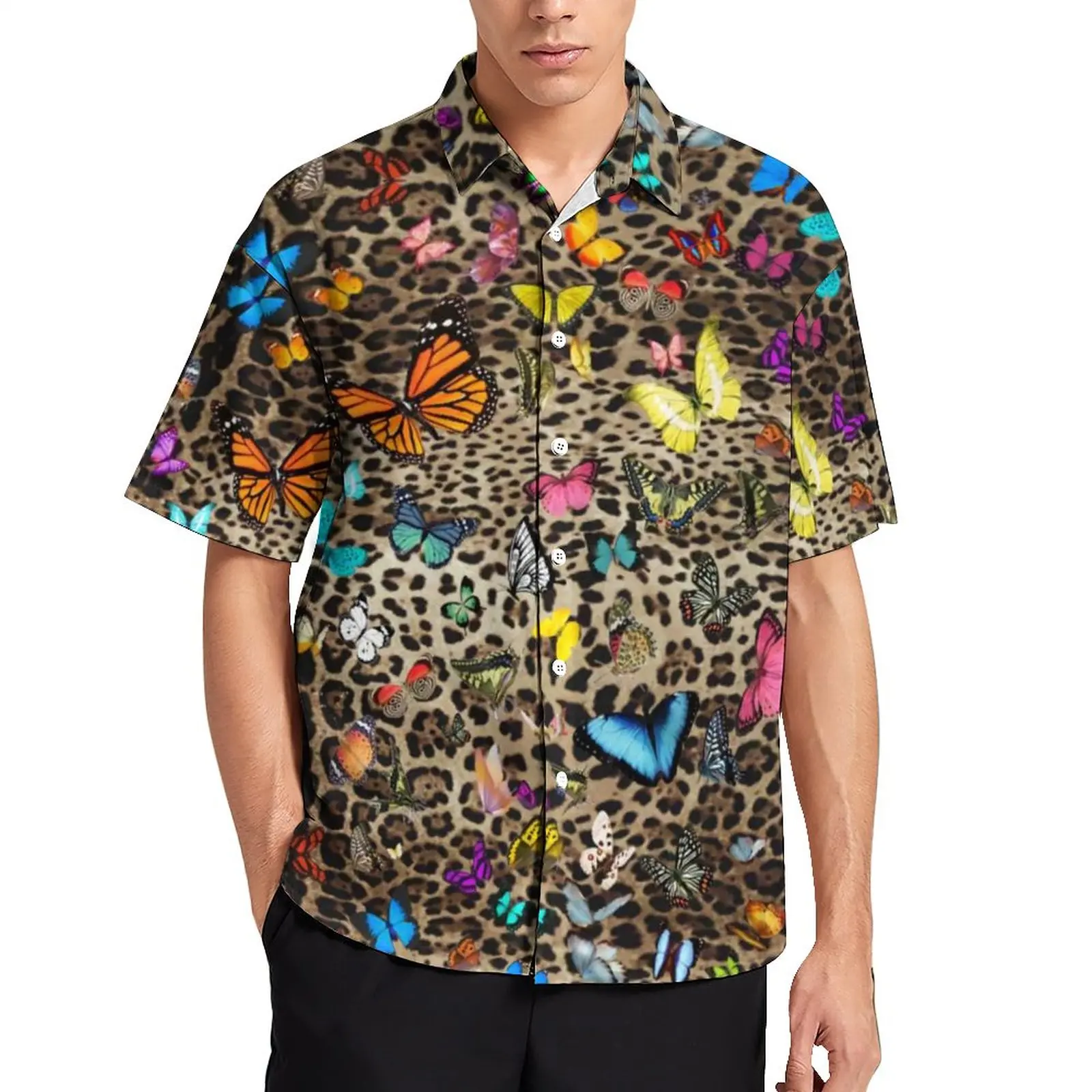

Leopard Butterfly Casual Shirts Animal Print Butterflies Beach Shirt Summer Street Style Blouses Men Print Big Size 3XL 4XL