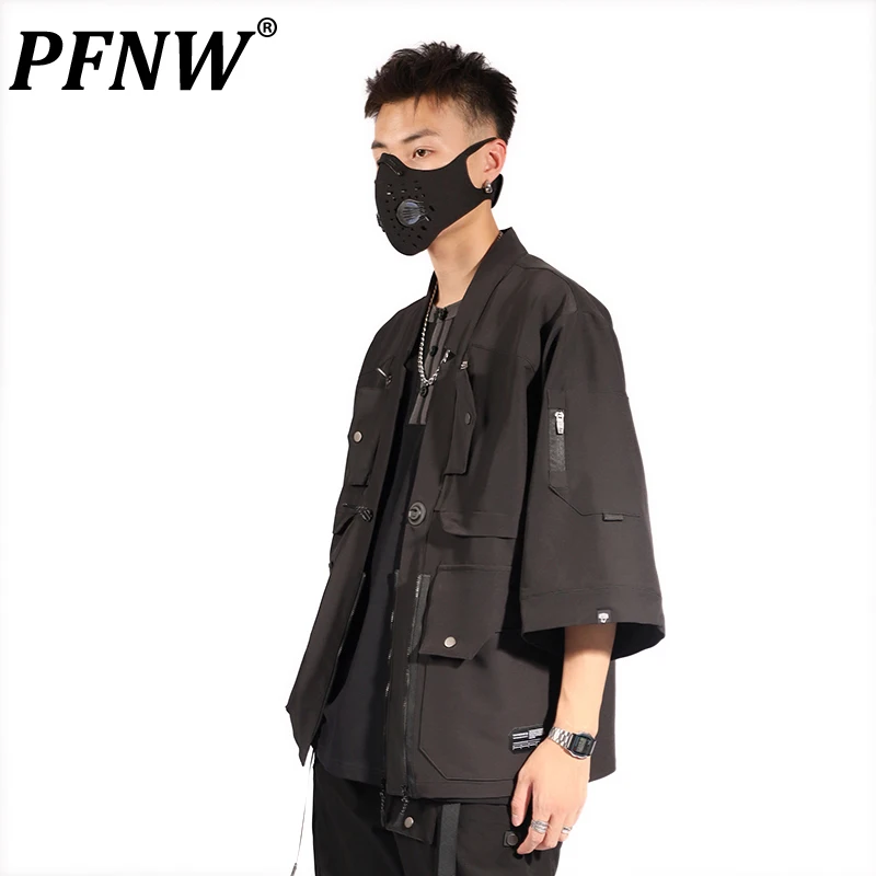 

PFNW Spring Autumn Men Taoist Robe Tide Fashion Button Loose Jacket Casual Stand Collar Zippers Multi Pockets Youth Coat 12A7415