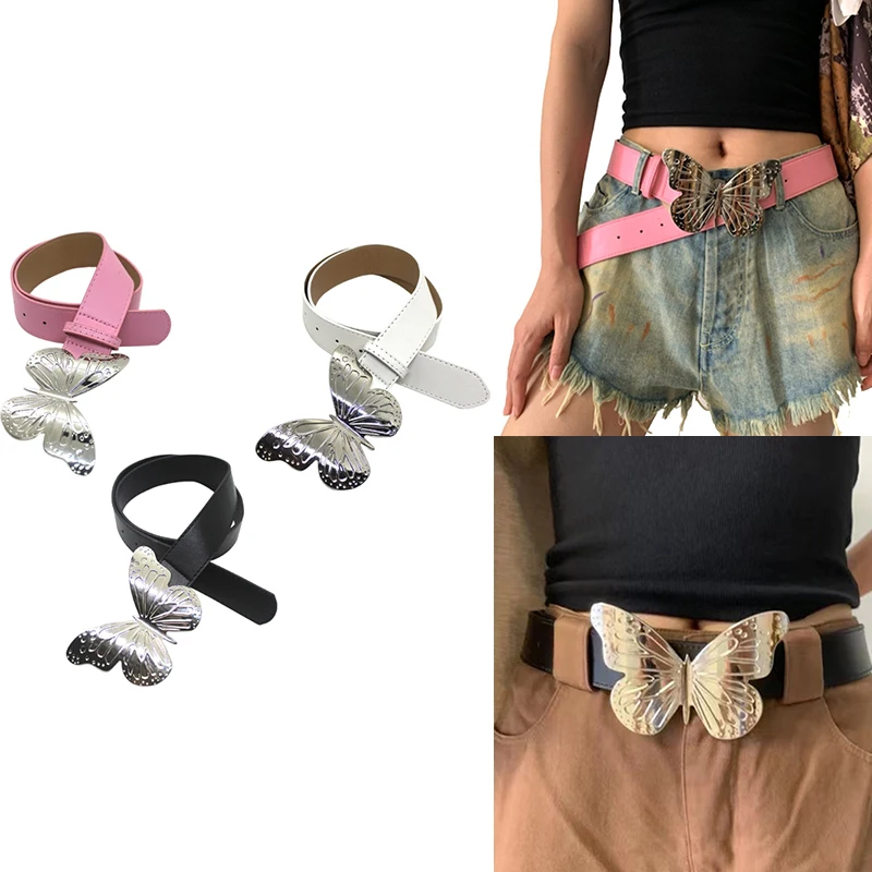 Hot Girl Y2K Style PU Belt Butterfly Buckle Cowgirl Waist Belt Cowboy Style Stage Street Dance Waistband for Jeans Pants Skirt