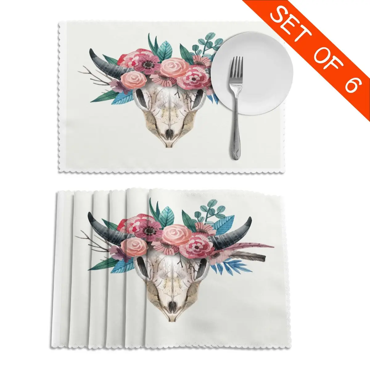 

6 PCS Placemat Cow Skull With Flowers Fabric Table Mats Tableware Kitchen Tool Table Mats
