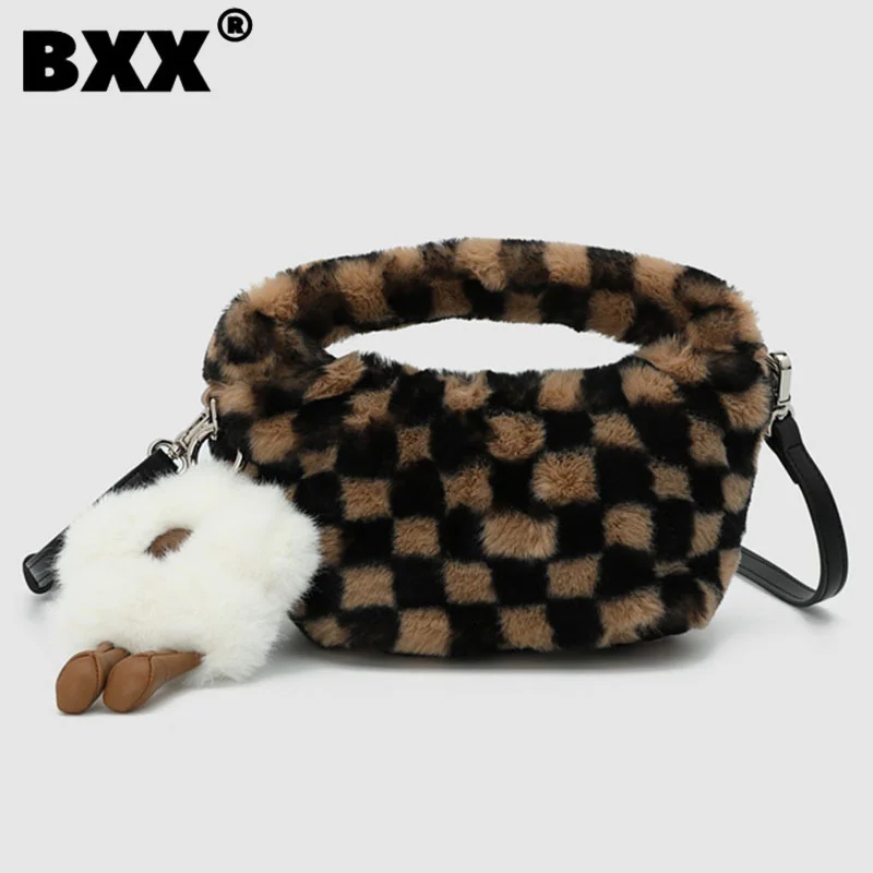 

[BXX] Cloud Plaid Furry Handbags Brown Box Shape Small Open Versatile Exquisite Fashion Cute Soft Bag For Women 2023 New 8CY3